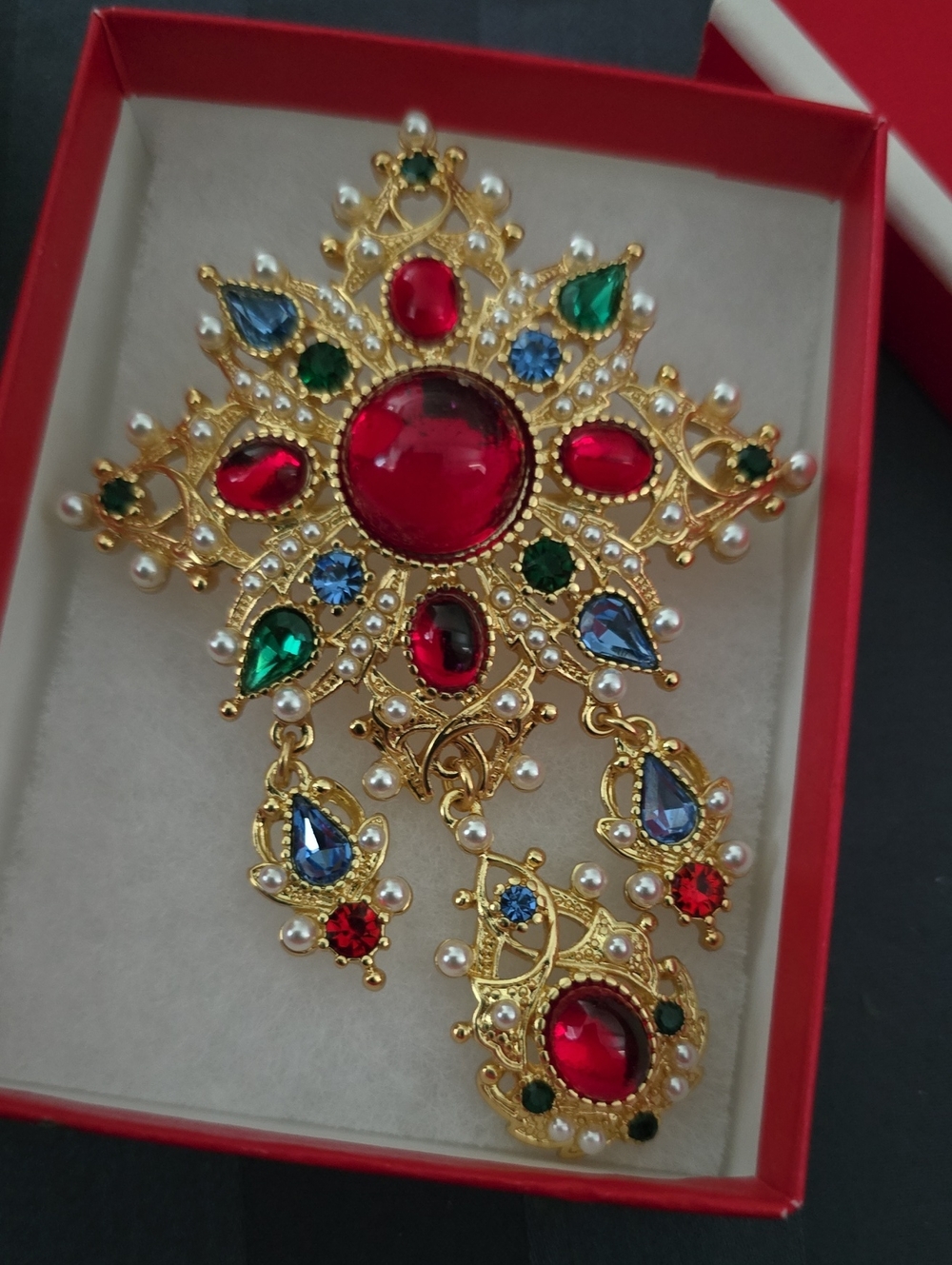 Vintage Gold Multicolor Jewel Drop Brooch with Red Center